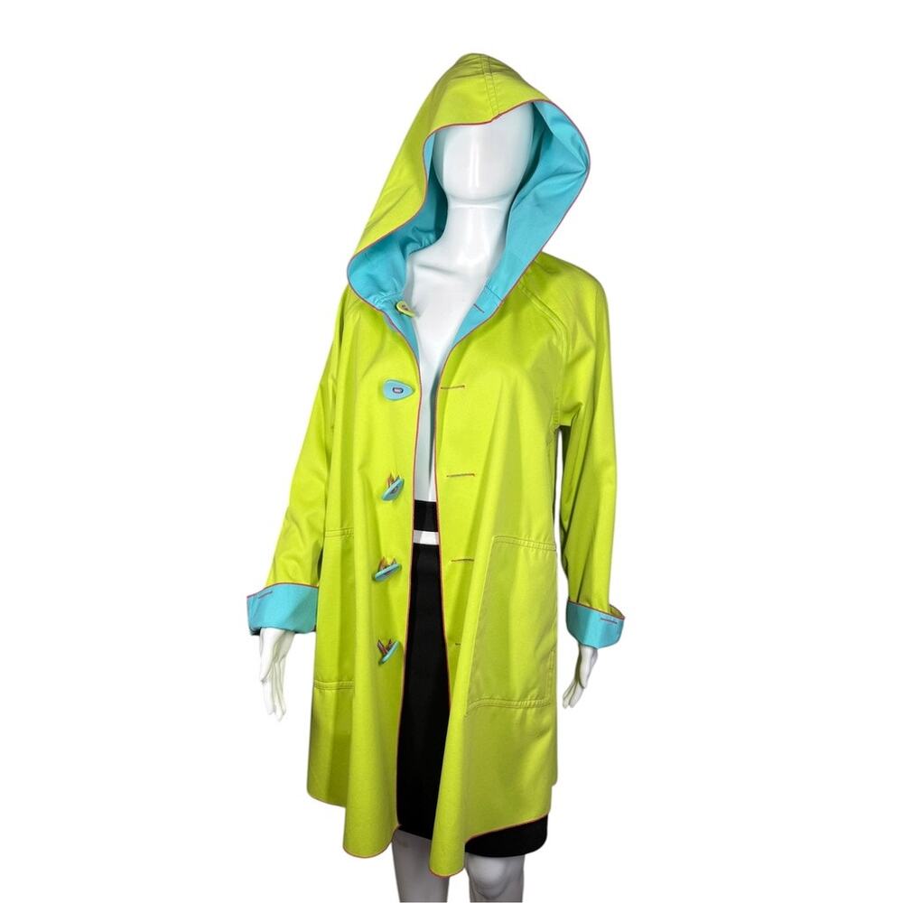UBU Piped Reversible Parisian Style Bright Blue Lime Green Hooded Raincoat Small - Picture 7 of 11
